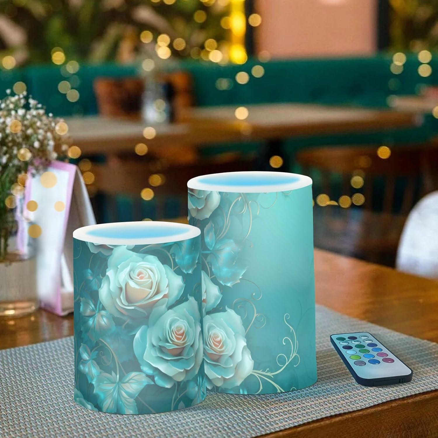 

senya Teal Lights Беспламенные свечи Винтажные бирюзовые зеленые розы Свечи-столбы Набор из 2 штук Пульт дистанционного управления на батарейках Теплый свет Домашний декор Snowflake 1