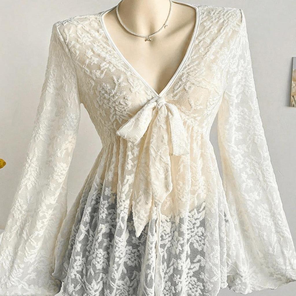 Brown Floral Print Deep V-Neck Long Sleeve Blouse with Bow and Ruffle Hem
