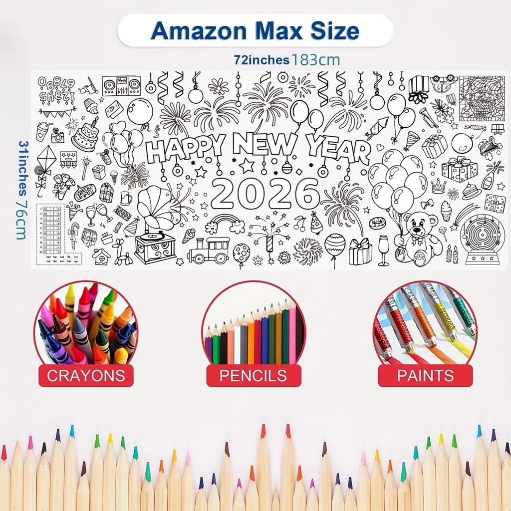 Ogromny Plakat do Kolorowania Szczęśliwego Nowego Roku dla Dzieci 2026 Sylwester Ogromny Obrus do Kolorowania Duże Książki Ogromny Arkusz Strona Nakrycie Stołu