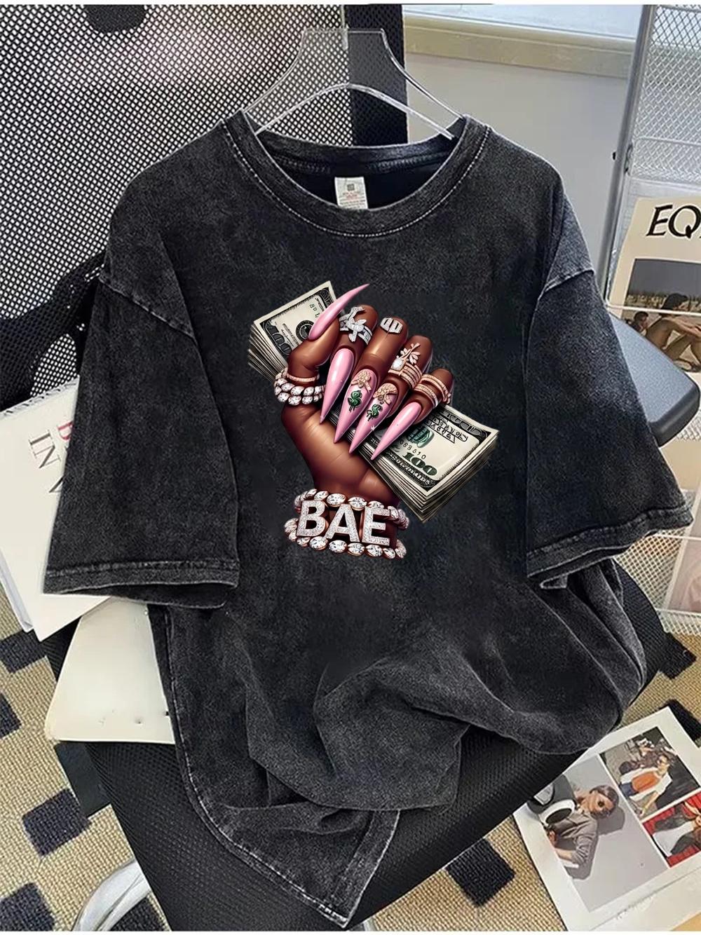 

Aesthetic Long Nails Money TShirt Washed Cotton Graphic Printed Tee New Summer Fashion Casual Short Hip Hop Streetwear L