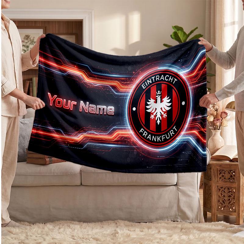 Couverture polaire personnalisée Eintracht Frankfurt avec logo de football, texte de nom personnalisé, couverture jetée douce et chaude pour la maison