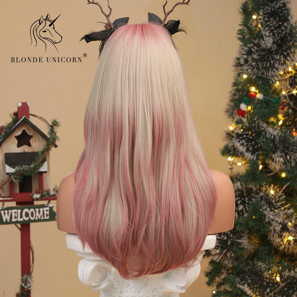 BLONDE UNICORN Synthetic Medium Long Straight Ombre Pink Blonde Wig For Women Cosplay Halloween Wigs Heat Resistant False Hair