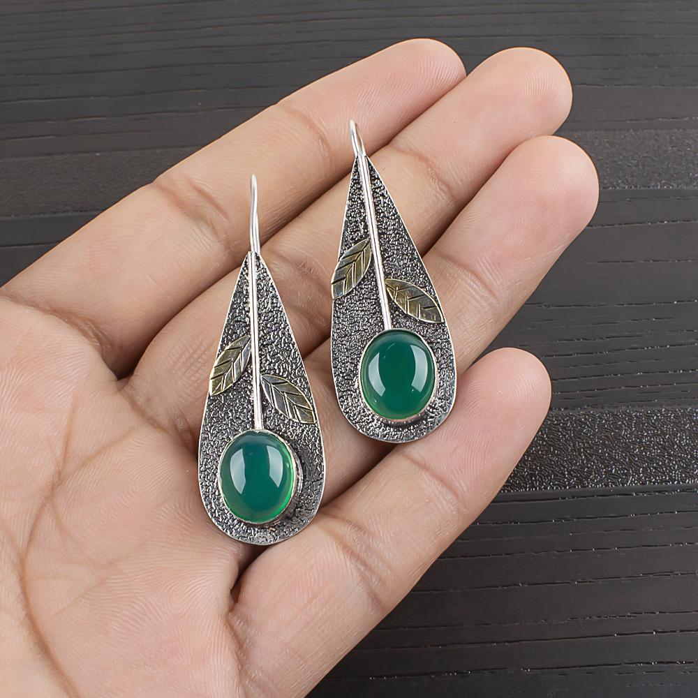 

Серьги из зеленого оникса, кабошон, из стерлингового серебра 925 пробы, ручной работы, с драгоценными камнями, ювелирные украшения, подарки для жены, совершенно новые серьги 2.00 Inches зелёный