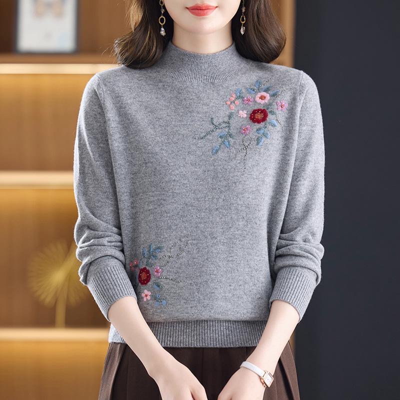 Autumn & Winter Women's 100% Pure Wool Sweater - Stylish Embroidered Half-High Neck for Middle-aged & Elderly