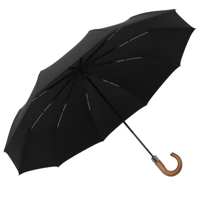 Fully Automatic Curved Hook Wooden Handle Umbrella Enlarged Thickened Black Glue Three-fold Wind Rain Resistan Business Umbrella