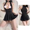 Women Sexy Porn Dress Oil Shiny See-Through Mini Dresses Metal Ring Halter Hollow Nightwear Night Club Wear Two Types To Wear
