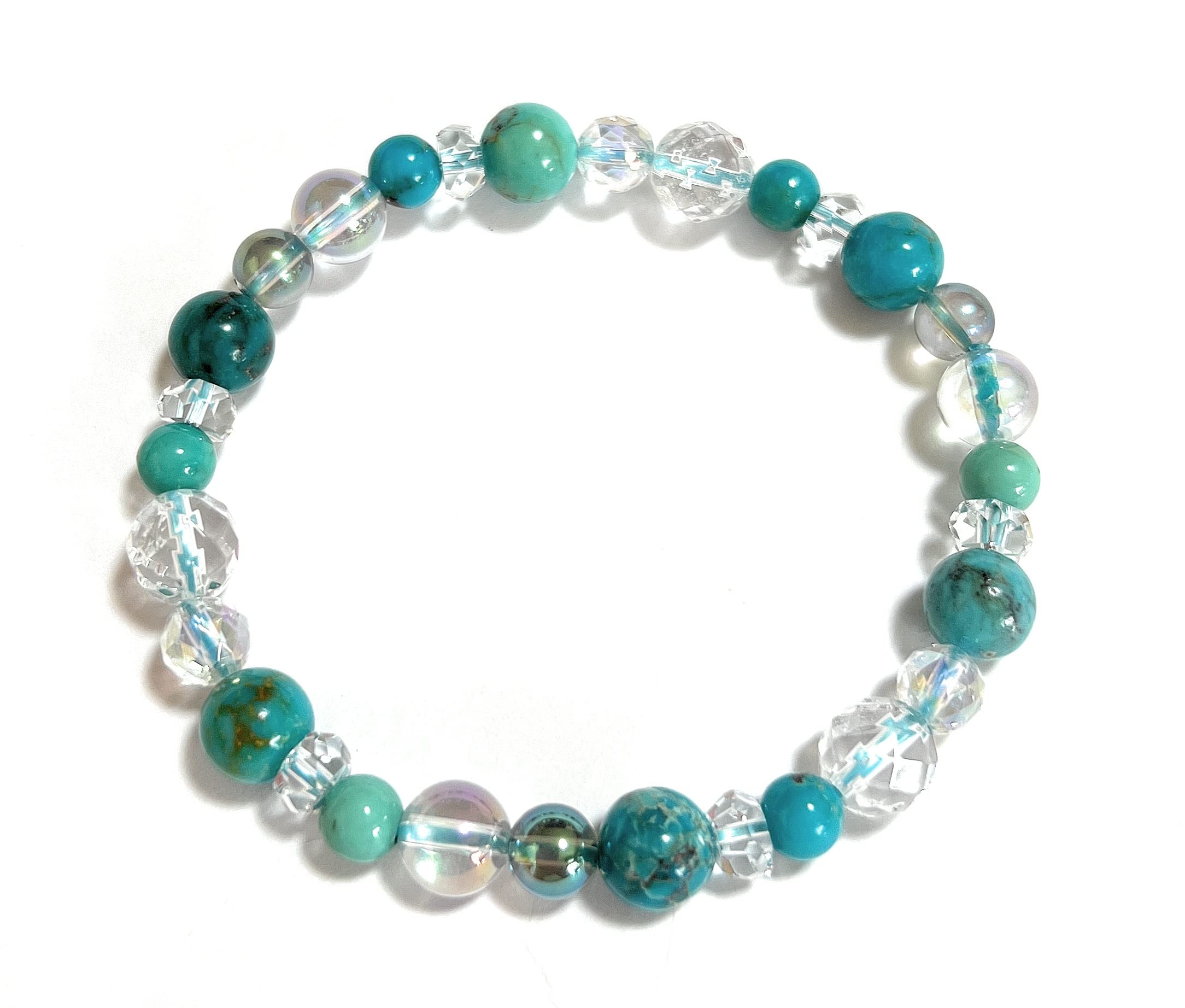 

[Malline] Natural Stone Bracelet - Rare Natural Turquoise (from Colorado, USA), Crystal, Aura Quartz [Protection from Evil] Inner Diameter Approx.