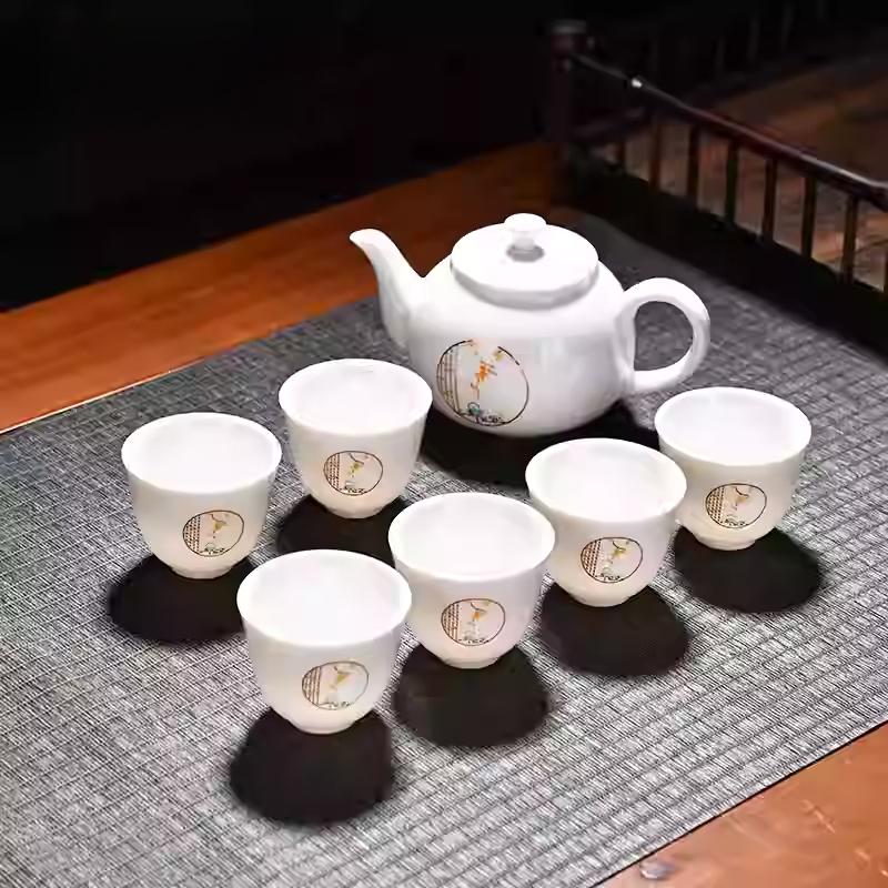 Goat Jade Tea Set Kung Fu Set Chinese Light Luxury Tea Calendars Teacups Office White Porcelain Teapot Covered Bowl Set
