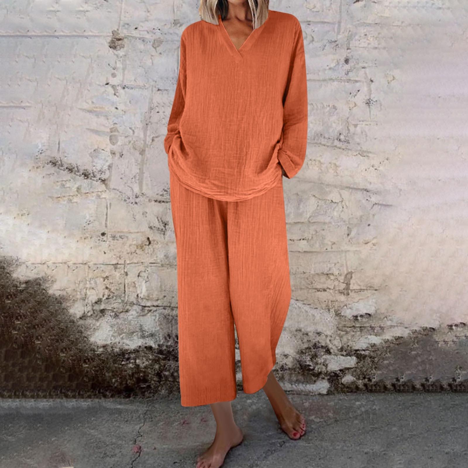 

Женский комплект из топа с V-образным вырезом свободного кроя и брюк широкого кроя светло-голубого цвета, повседневный наряд из хлопка и льна 4XL