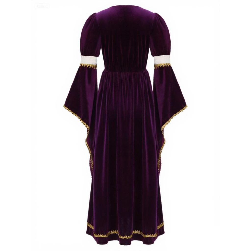 Dívčí středověký kostým princezny Patchwork Kulatý výstřih Zvonové rukávy Zlatý potisk Volánkový lem Dlouhé šaty