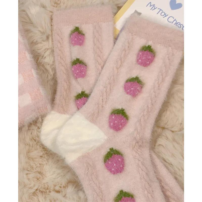 Rabbit Wool Women's Autumn/winter Thick Thermal Socks Floor Socks Fluffy Soft Breathable Pink Strawberry Girl Socks