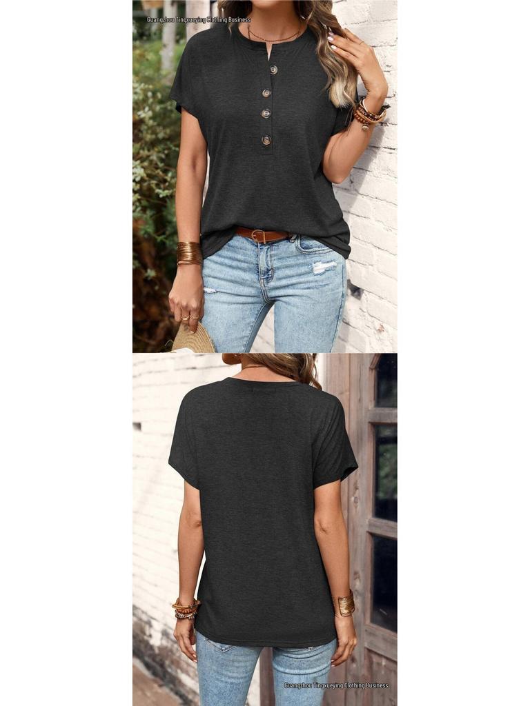 Women's European & American Style Solid Color Button Fashion Short Sleeve T-shirt for Spring/Summer