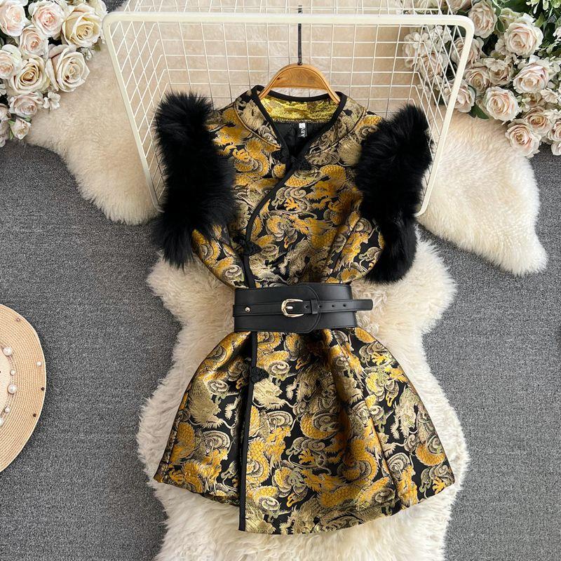

Retro National Trend Chinese Stand Collar A- line Jacquard Dress Yellow S