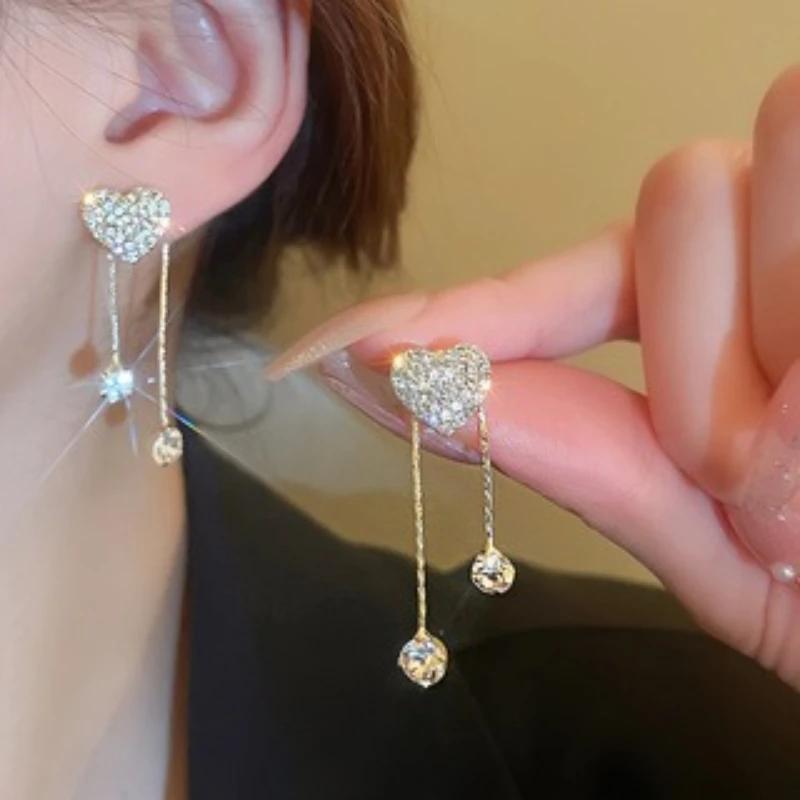 Exquisite Shining Inlaid Zirconia Love Tassel Earrings Women's Fashion Light Luxury Temperament Wedding Banquet Zircon Gifts