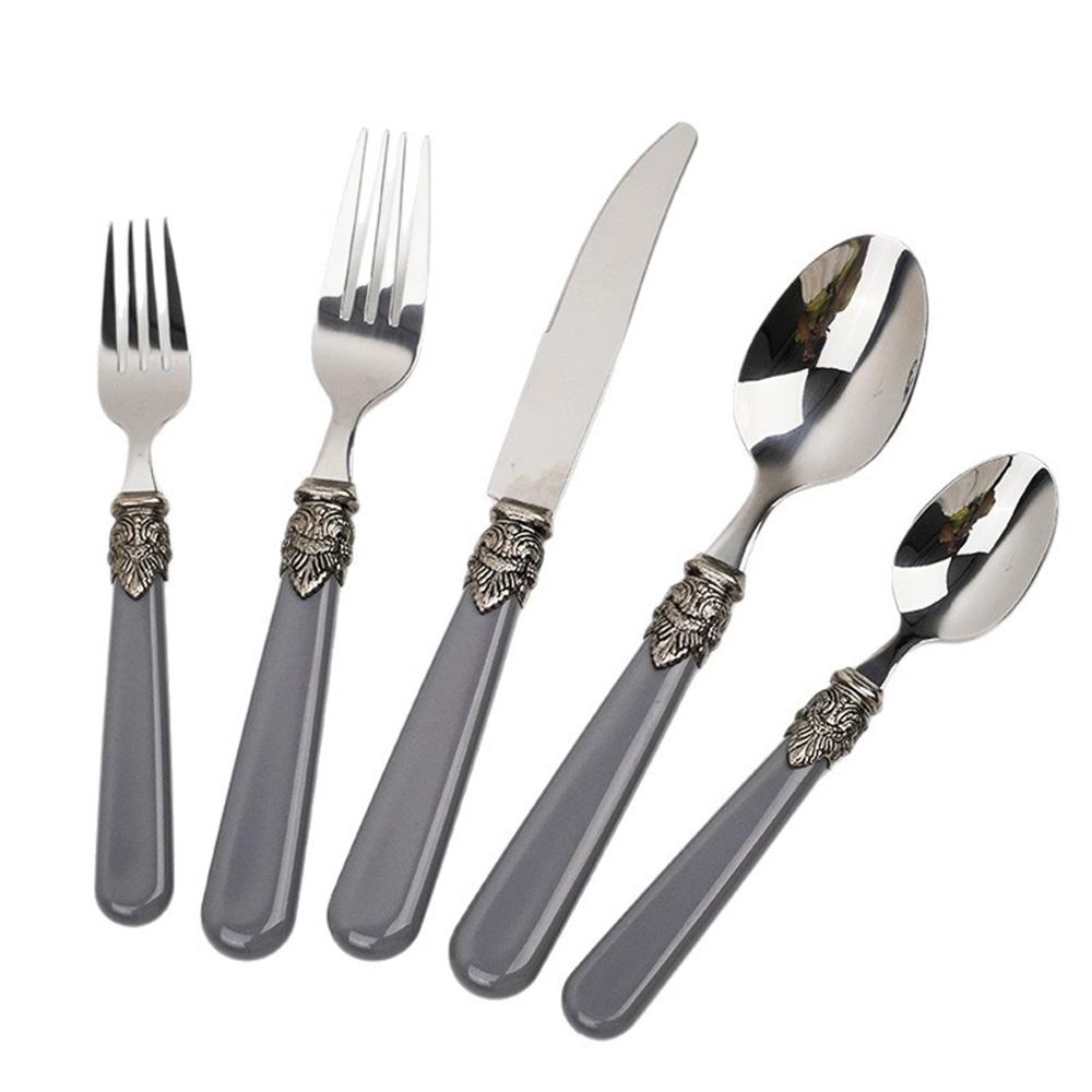 

Vintage Western Tableware 304 Stainless Steel Cutlery 5Pcs Acrylic Handle Durable Knife Fork Spoon for Daily Kitchen Meals сірий