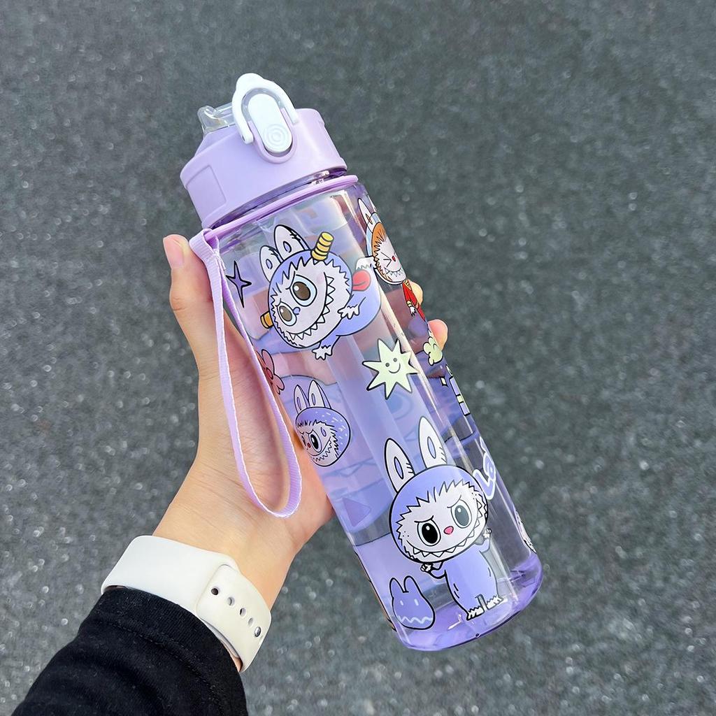 Labubu Cartoon Straw Water Cup for Kids with Lanyard