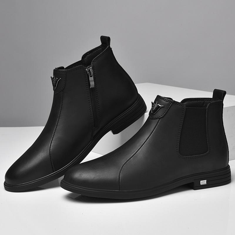 Zimní plyšové teplé pánské Chelsea boty Formální Business Vysoké boty Britský styl Pravá kůže Pánské Svatební boty Kotníkové boty