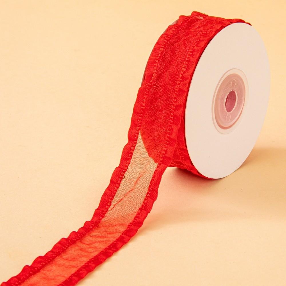 

25mm Fold Chiffon Lace Ribbon DIY Wide Hemmed Transparent Lace Ribbons Flower Arrangement Packaging Ribbon 900x2.5cm червоний