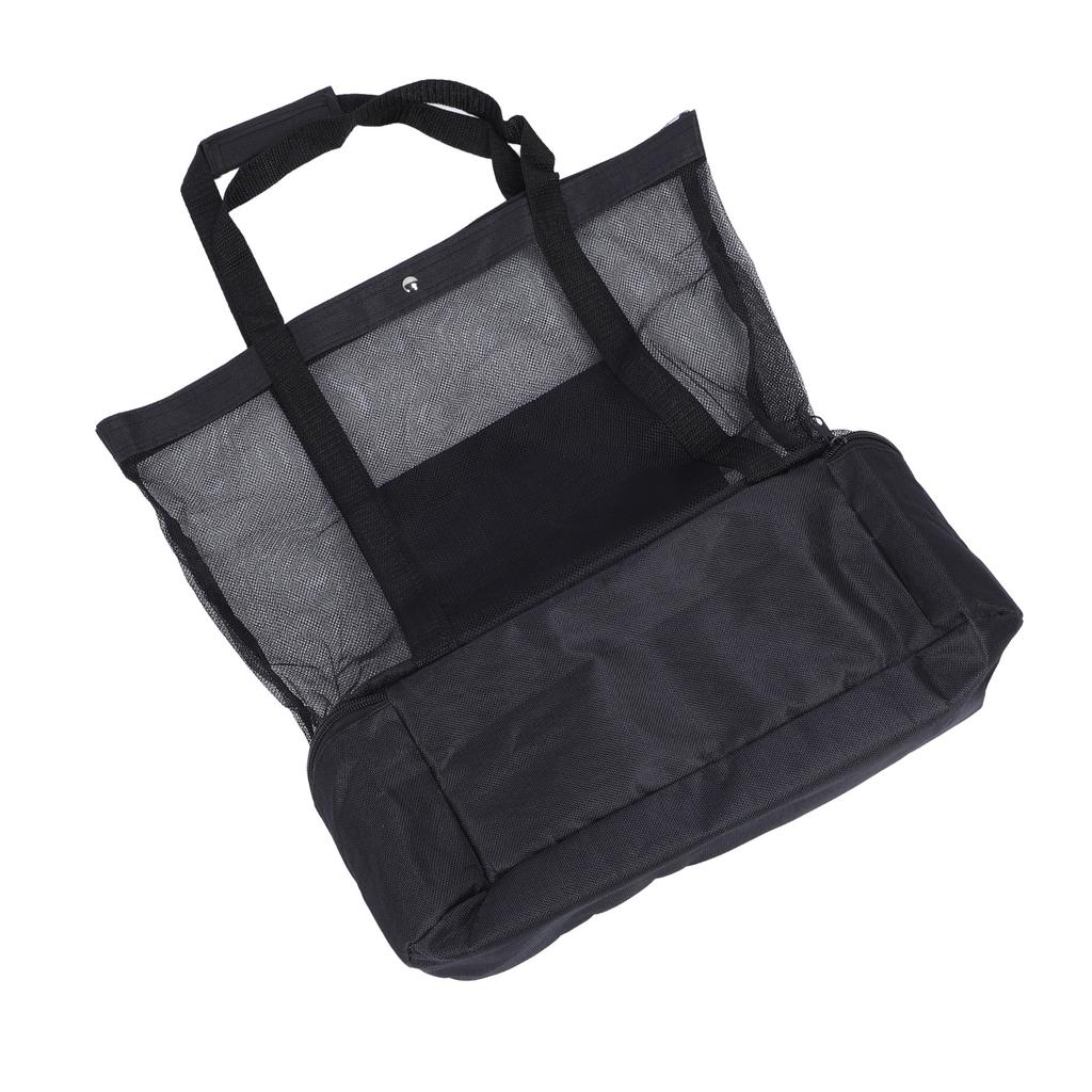 Black Mesh Beach Bag Insulated Zip Closure 2 Handles Reusable Lunch Bag for Picnic Camping