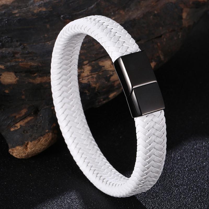 Klassisk Svart Rustfritt Stål Knapp Menn Lærarmbånd Luksus Armbånd Gave