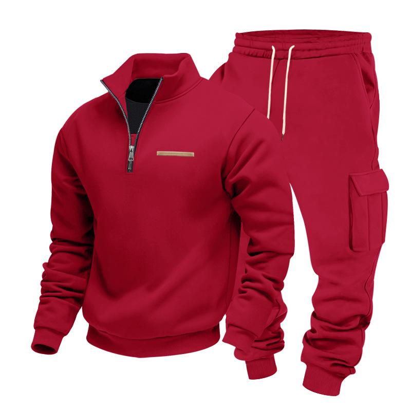 

Winter Velvet Half Zipper Stand Collar Pullover Solid Color Casual Sweatshirt Overalls Trousers Suit for Men M красный