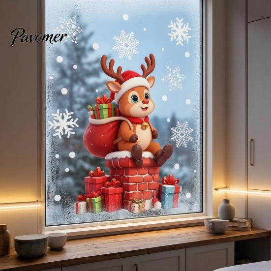 Waterproof Holiday Wall Decals 2 Pcs Christmas Window Stickers, Cartoon Cute Deer Rabbit Cling, Festive Party Glass Ornaments Winter Snowflakes Static