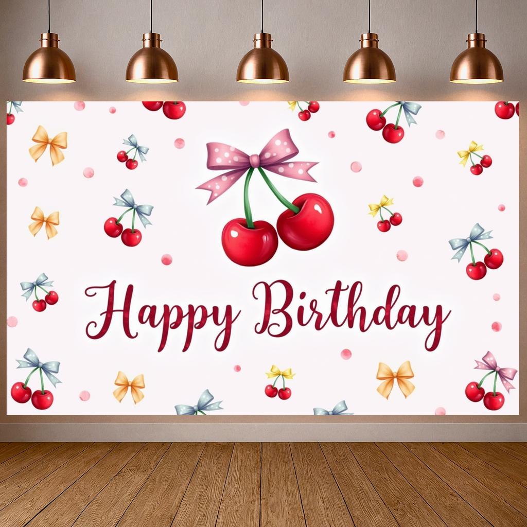 Birthday Party Banner Fruit Elements Fruit Theme Background Bowknot Decor Display Watercolor Art Cherry Birthday Display