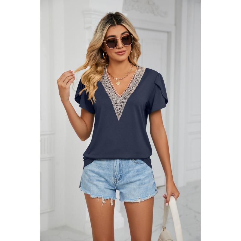 Spring and summer new gold lace V-neck tile short-sleeved solid color T-shirt tops for women