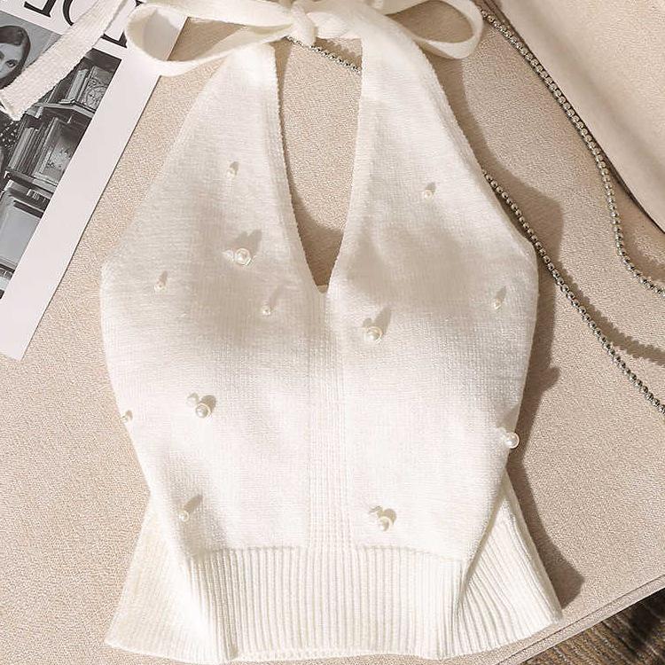 Stunning Slim-Fit French Beadwork Halter Tank Top with Beautiful Off-Shoulder Back Design for Women