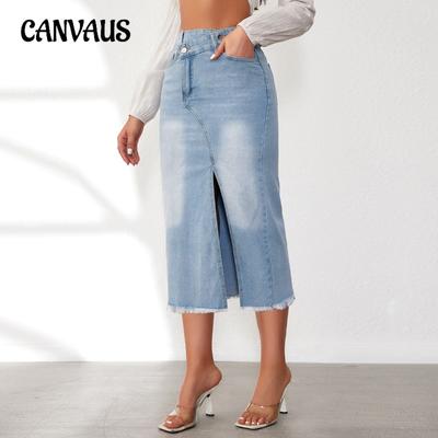 Summer Women's Skirt Mid-length Raw Edge Front Split High Waist Denim Half-body Skirt A-line Half Skirt