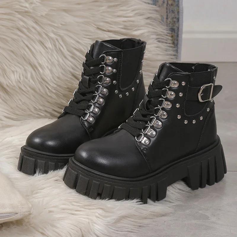 Punk Metal Belt Buckle Lace Up Boots Women 2025 Winter Thick Bottom Medium Heel Ankle Boots Fashion Solid Pu Shoes Size 42