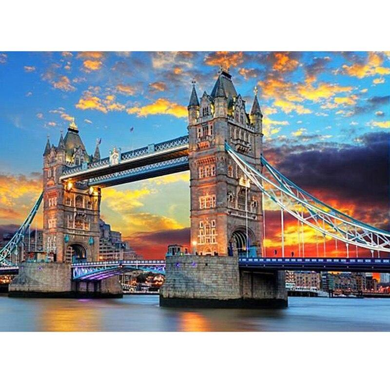 Pictură cu diamant 5D DIY, peisaj, pod, broderie cu diamante, mozaic, imagini, noapte, oraș, rotund complet, foraj, decor artă, cadou