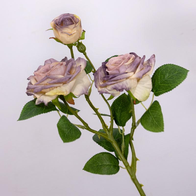 Simulated flowers with 3 heads of burnt roses, home decor, wedding photography props, vintage autumn colors, multi headed fake flowers