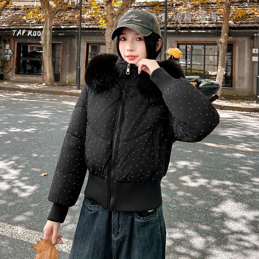 Gypsy Big Fur Collar Short Cotton-padded Clothes Women's Thickened Warm Waist Bread Clothes Jacket Removable Hat Cotton-padded Jacket