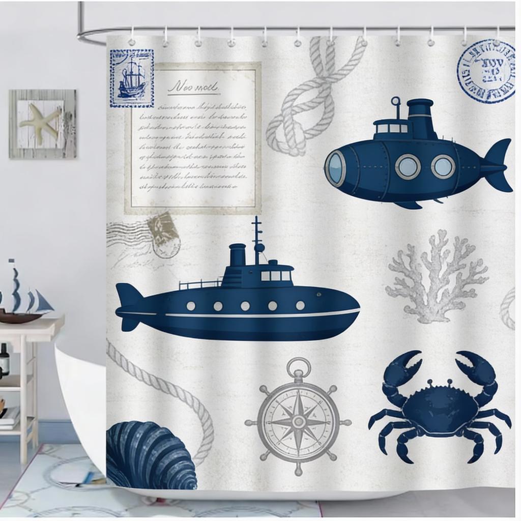 Modern Nautical Anchor Lighthouse Sailing Shower Curtain 180 X 200Cm Washable Polyester Shower Curtain With 12 Hooks