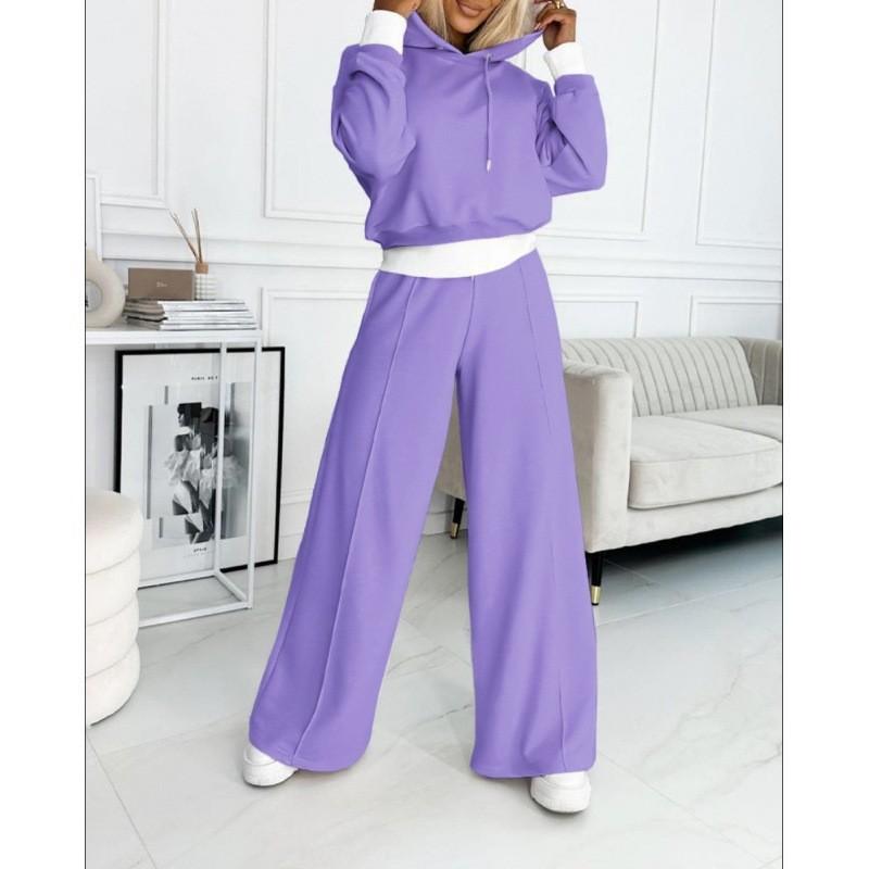 2026 Women's New Fall/Winter Solid Color Patchwork Hooded Sweatshirt Two-Piece Casual Sports Set