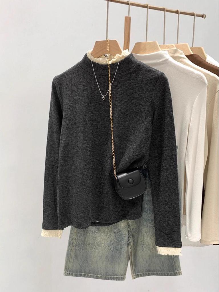 Women's German Velvet Lace Stand-Up Collar Long-Sleeve Shirt, Ideal for Spring, Autumn, and Winter.