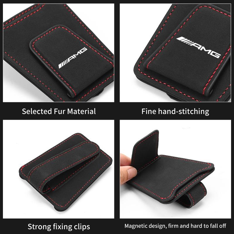 Suede Car Logo Sun Visor Glasses Clip Ticket Card Storage Clamp For Mercedes Benz AMG W202 W212 W213 W220 W221 W222 C180 C200