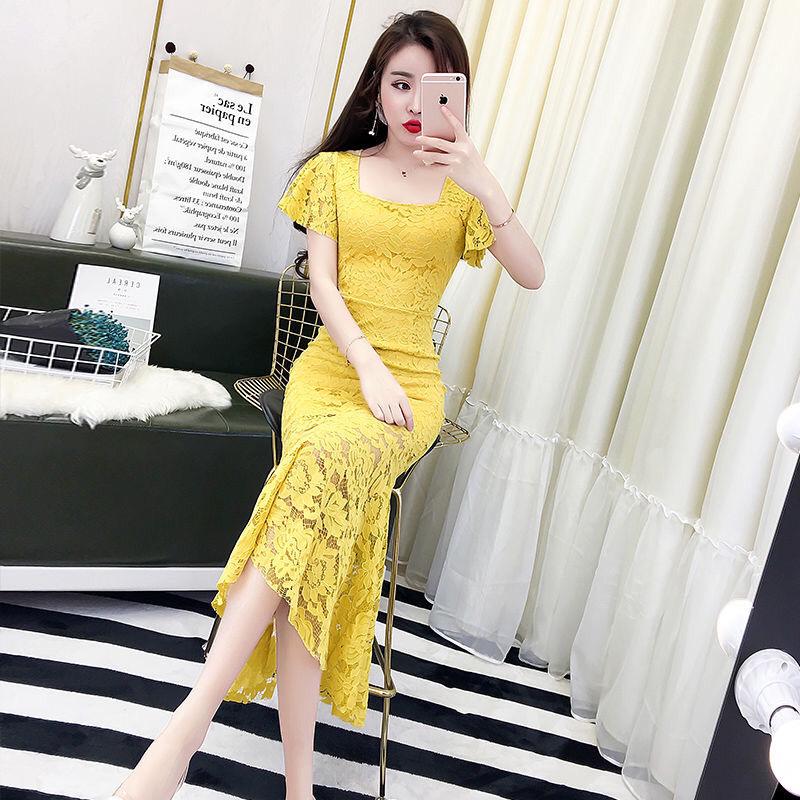 Elegant Korean Mermaid Lace Dress with Bell Sleeves Large жёлтый