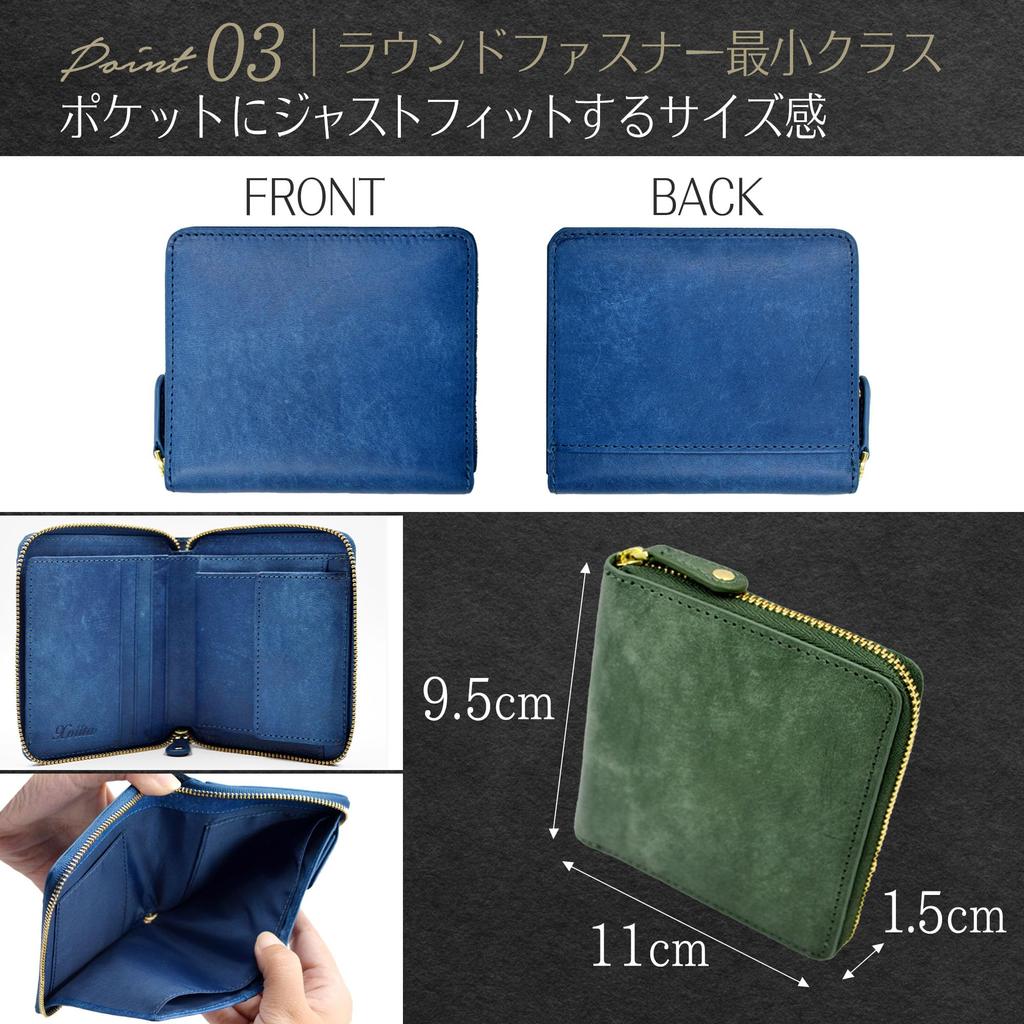 Bifold Wallet Genuine Leather Not Pueblo Leather Round Zipper Thin Compact YKK Zipper [Exvita] Men's [Thin, Small, Bulky] (MAYA (Blue)