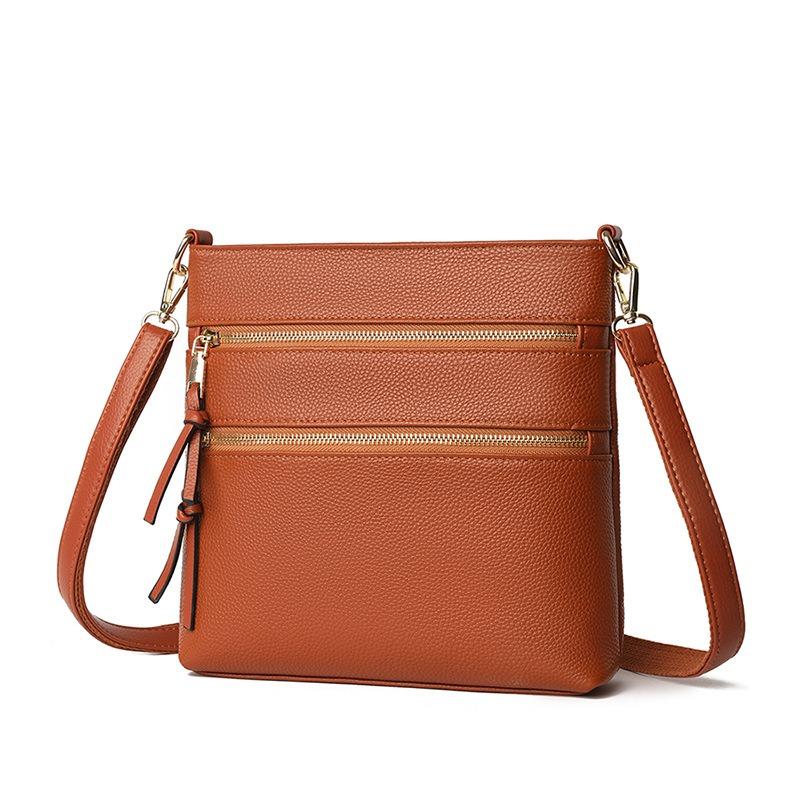 New first-layer cowhide bag, soft leather shoulder oblique span bag, trendy zipper, vertical small square bag, versatile leather women's bag