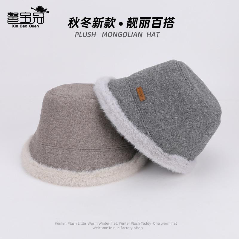 Autumn and winter velvet warm hat women's fashion bucket hat bucket hat big head circumference washbasin hat