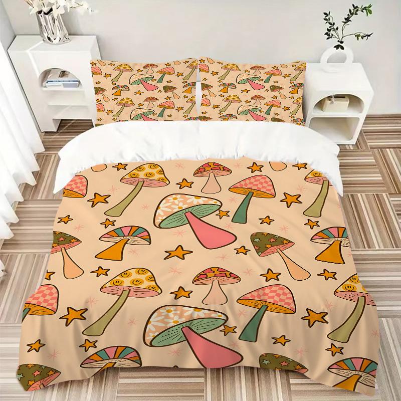 3pcs Mushroom Star Bedding Set, Includes Without Pillow Inserts, Soft Comfortable Bedding Set,All-Season Use A0924031