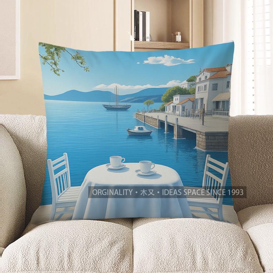 Home Decor Greek Island Scenery Printed Pillow Cover Pattern Cushion Cover Suitable For Sofa Bedroom Car Pillow Cover
