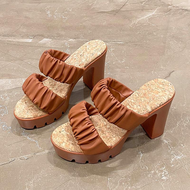 2024 Summer New Open Toe High Heels Fashion Pleated Elegant Office Thick Heel Women's Shoes All-match Leather Slip On Slippers