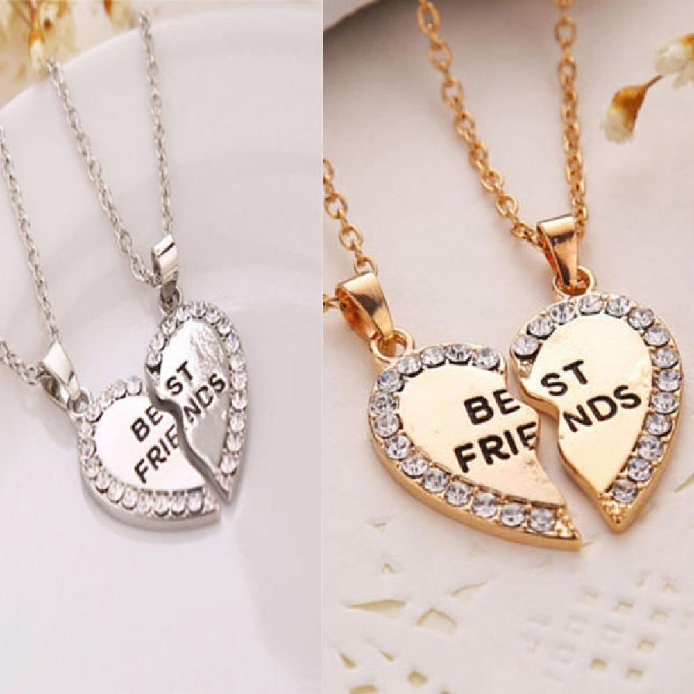 2PCS Fashion Rhinestone Jewelry Bff Necklace Friendship Heart Pendants Crytral