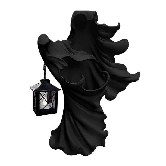 LED Witch Lantern Ornament Halloween Faceless Ghost Sculpture Holding Lantern Vintage Resin Witch Statue for Yard Patio Lawn Decor