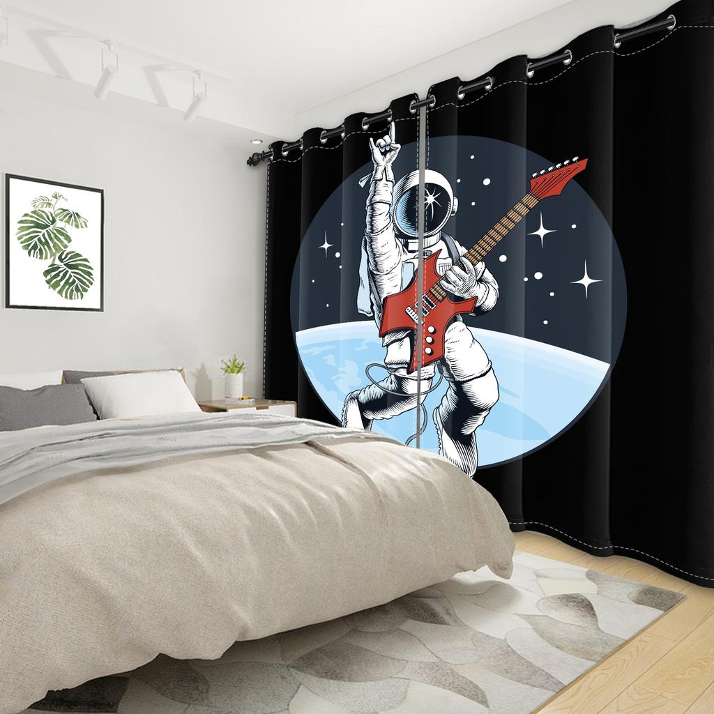 Space Astronaut Blackout Curtains Fun Cartoon Print Window Curtain for Kids Bedroom Living Room Playful Room Darkening Drapes
