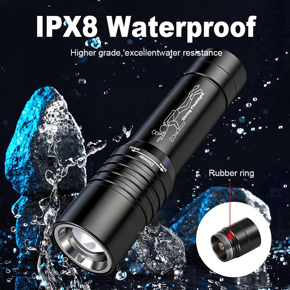 IPX8 Waterproof 200m Diving Flashlight 2000LM High Power LED Torch USB Rechargeable Underwater Light for Scuba Diving Snorkeling