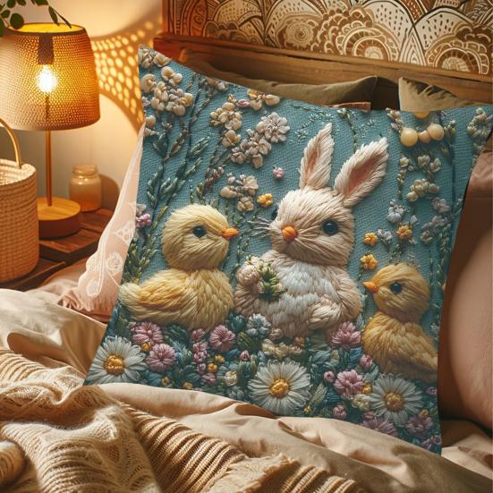 Easter Bunny Pillowcase Imitation Embroidery Lamb And Chick Print Pillowcase Farmhouse Throw Pillow Cover for Parties Living Room Couch Sofa Decor